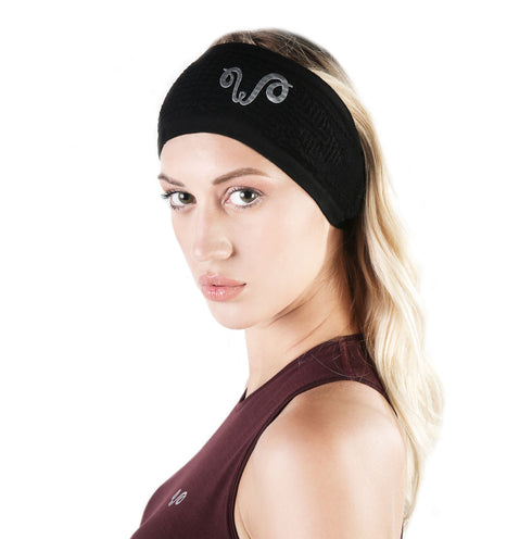Merino Stirnband in schwarz mit grauen Logo